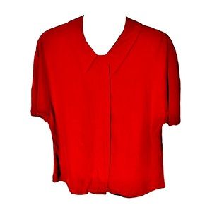 vintage red button-up top | S | hidden panel to cover buttons & pointed collar